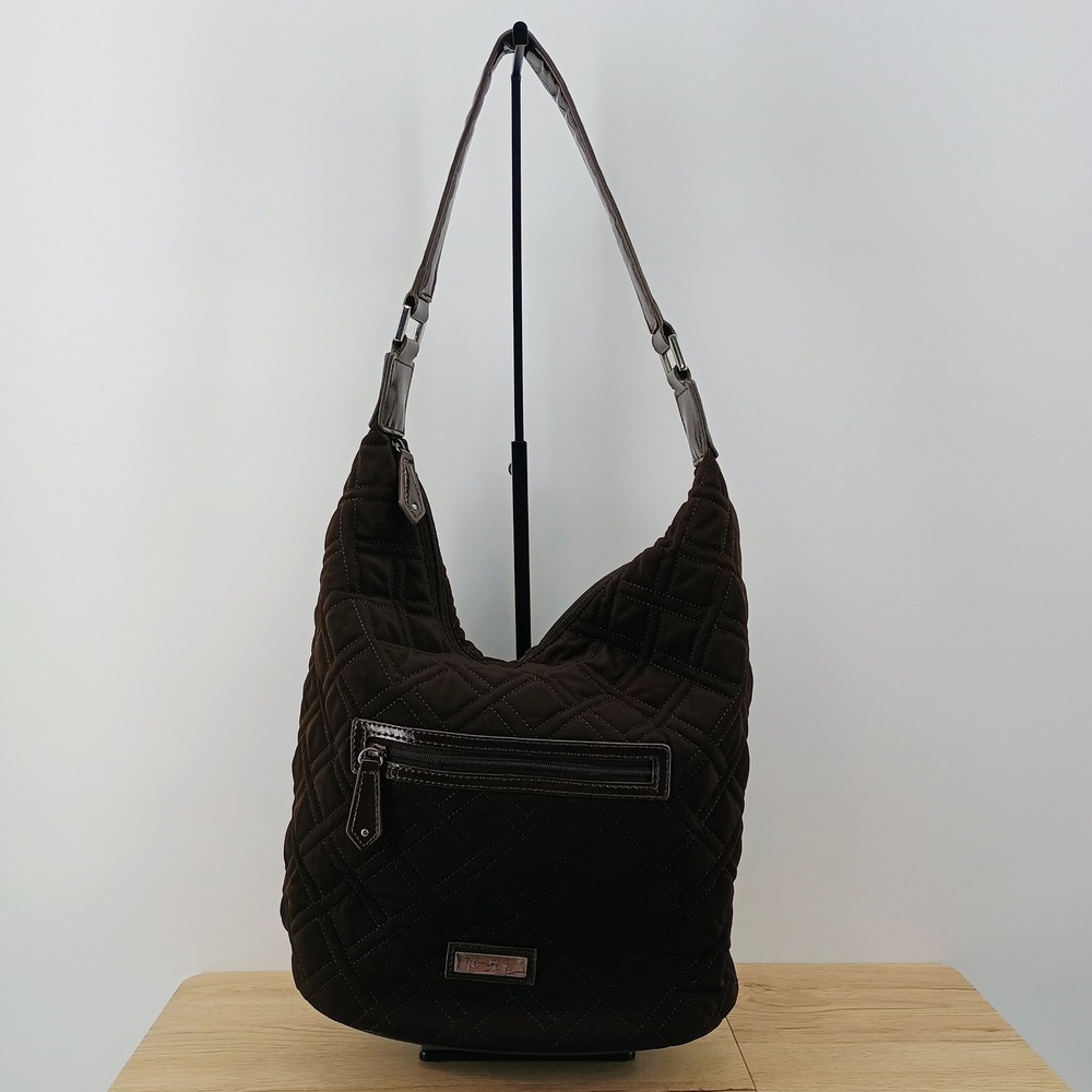 Vera Bradley Chocolate Brown Quilted Microfiber Hobo Shoulder Bag Patent Trim - Picture 2 of 16